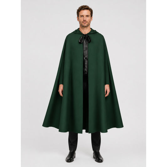 Medieval Hooded Cloak for Cosplay, Dark Green on-model view