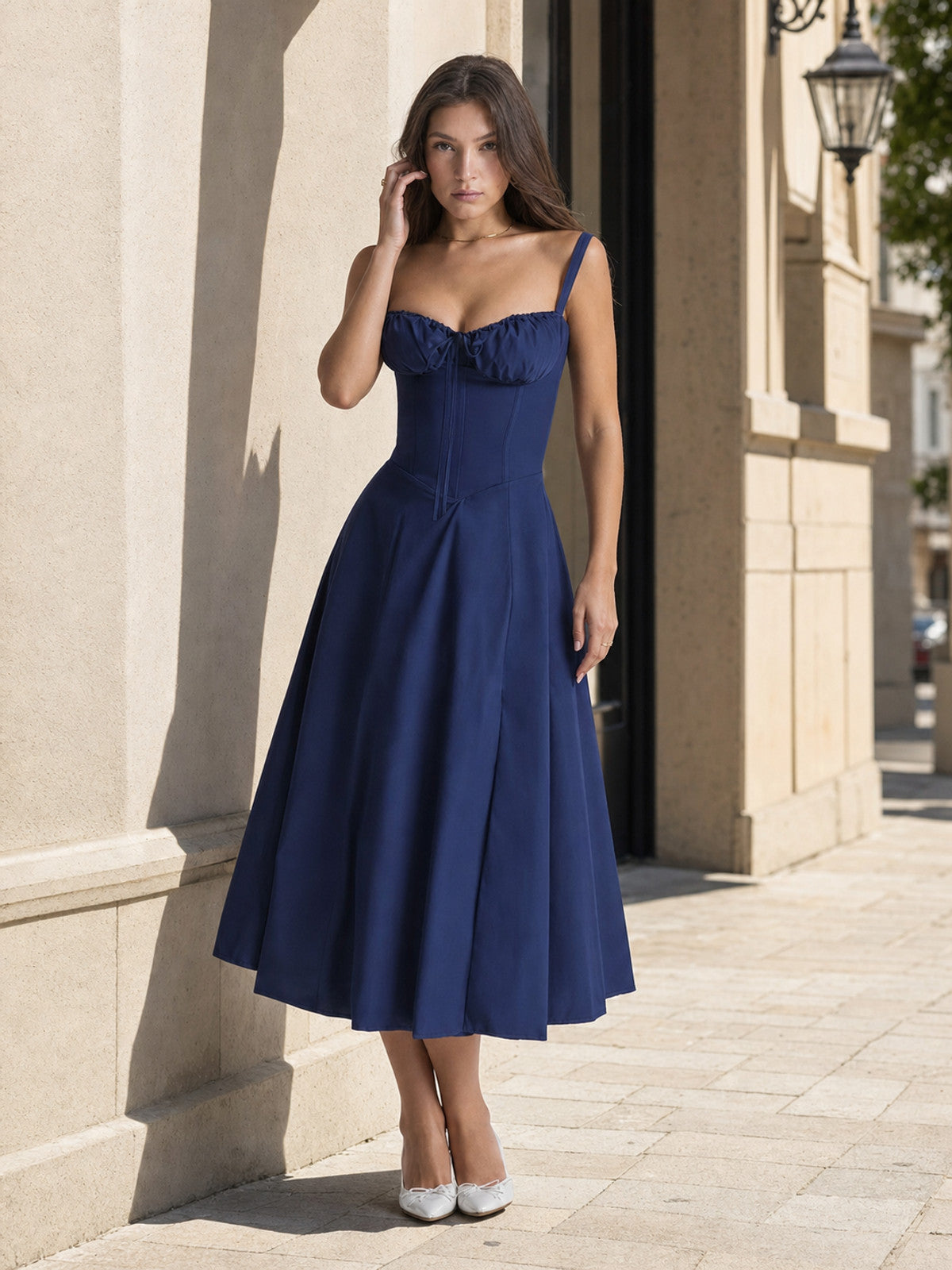 Women’s dark navy dress with spaghetti straps and a corset bodice main product view