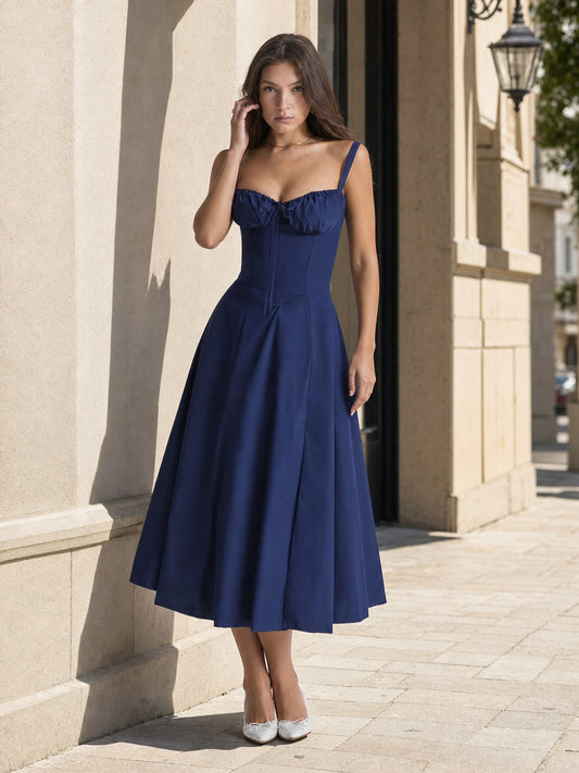 Women’s dark navy dress with spaghetti straps and a corset bodice main product view