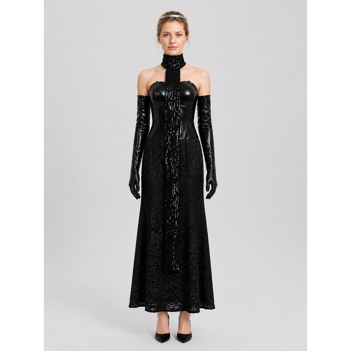 Long Black Sequin Dress with Gloves on-model view