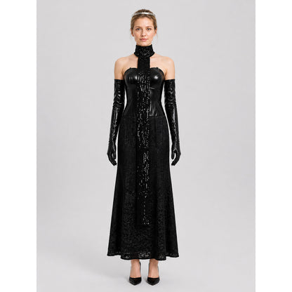 Long Black Sequin Dress with Gloves on-model view