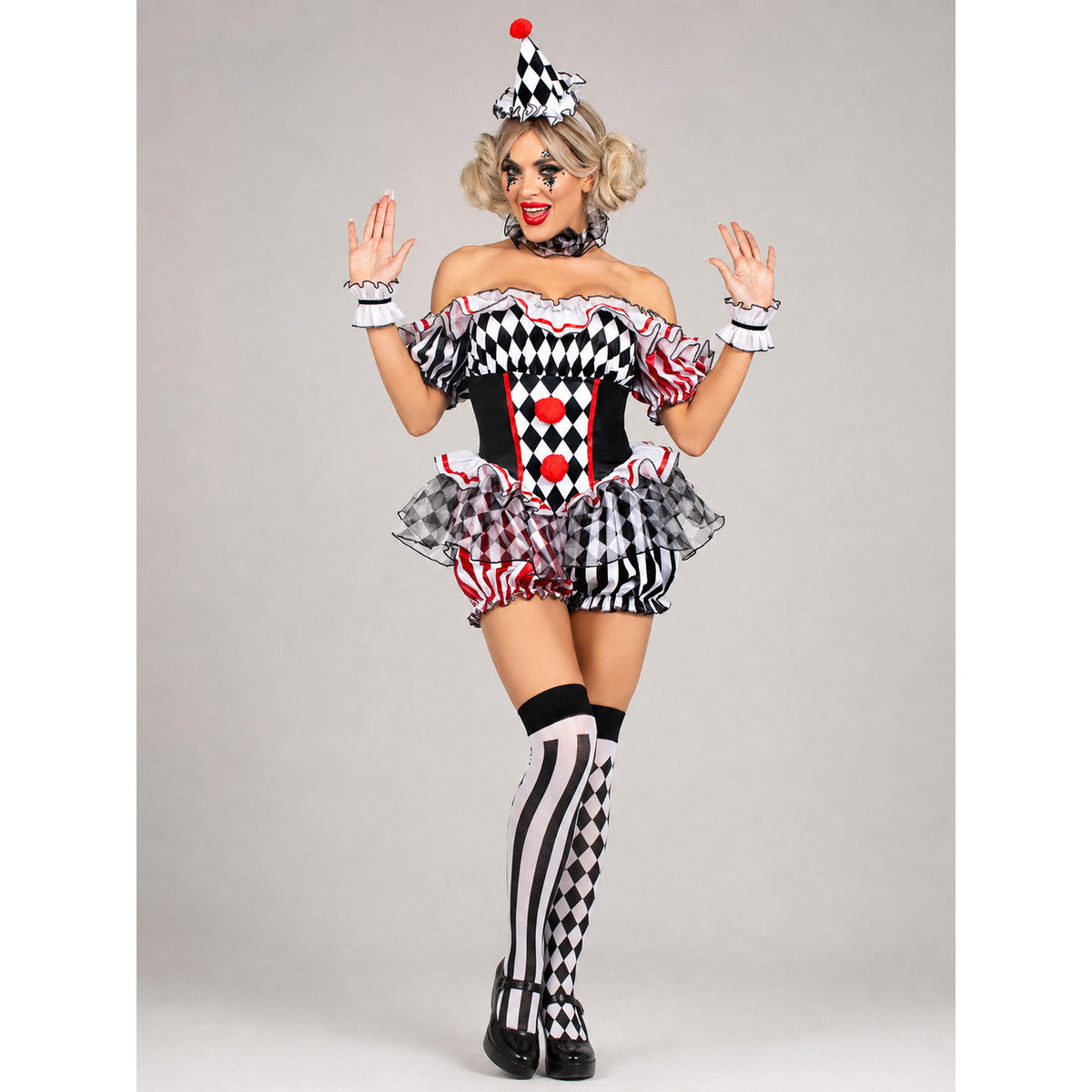 Clown Cosplay Costume with Ruffles and Pom-Poms
