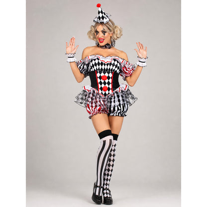 Clown Cosplay Costume with Ruffles and Pom-Poms