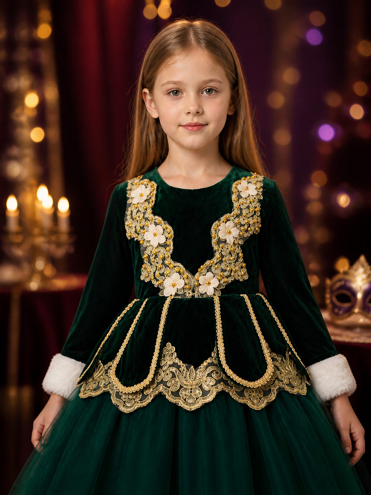 Girls' Dark Green Princess Party Dress, Long Sleeve Embroidered Tulle Skirt on-model view