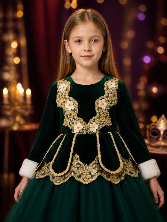 Girls' Dark Green Princess Party Dress, Long Sleeve Embroidered Tulle Skirt on-model view