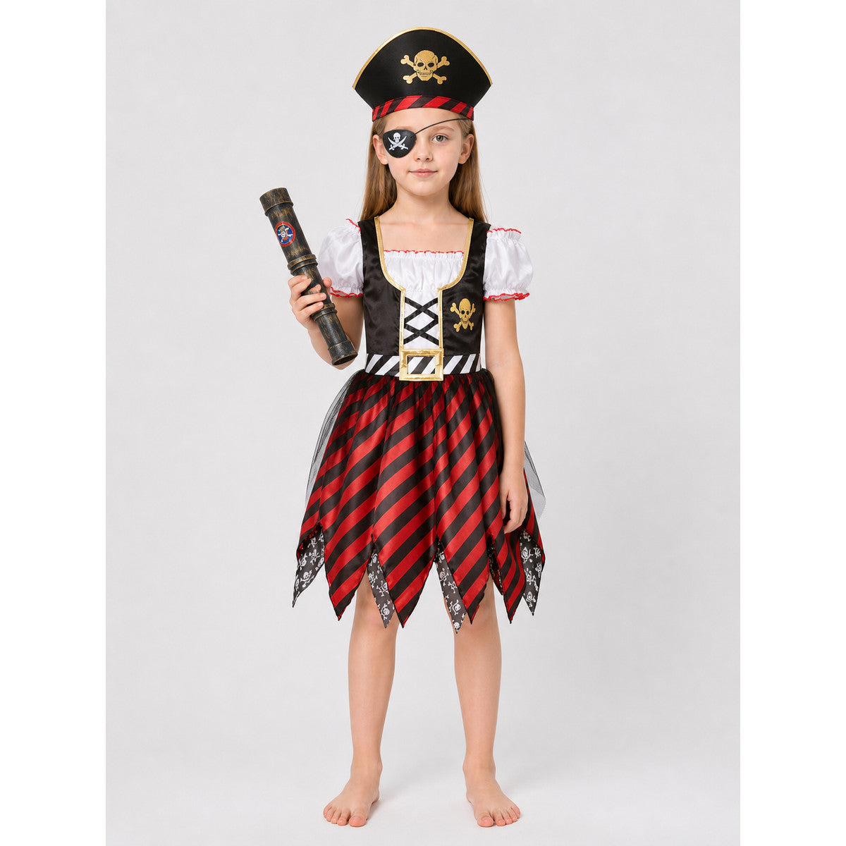 Children’s Pirate Costume: Skull Dress, Hat, and Eye Patch on-model view