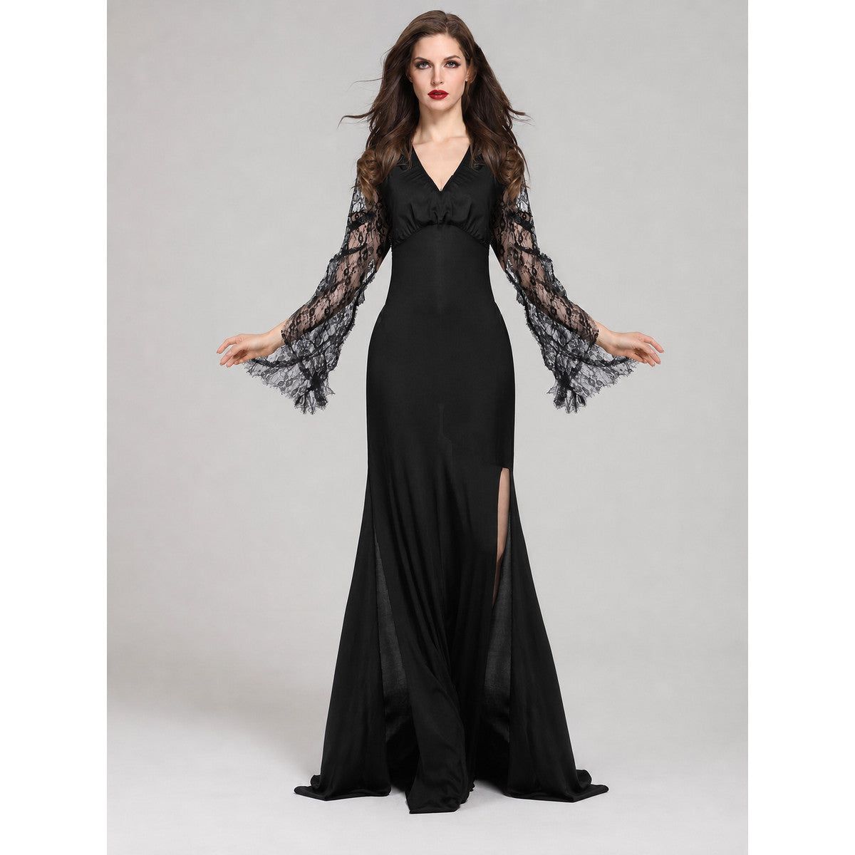 Black Long Dress with Lace Sleeves