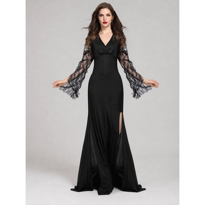 Black Long Dress with Lace Sleeves