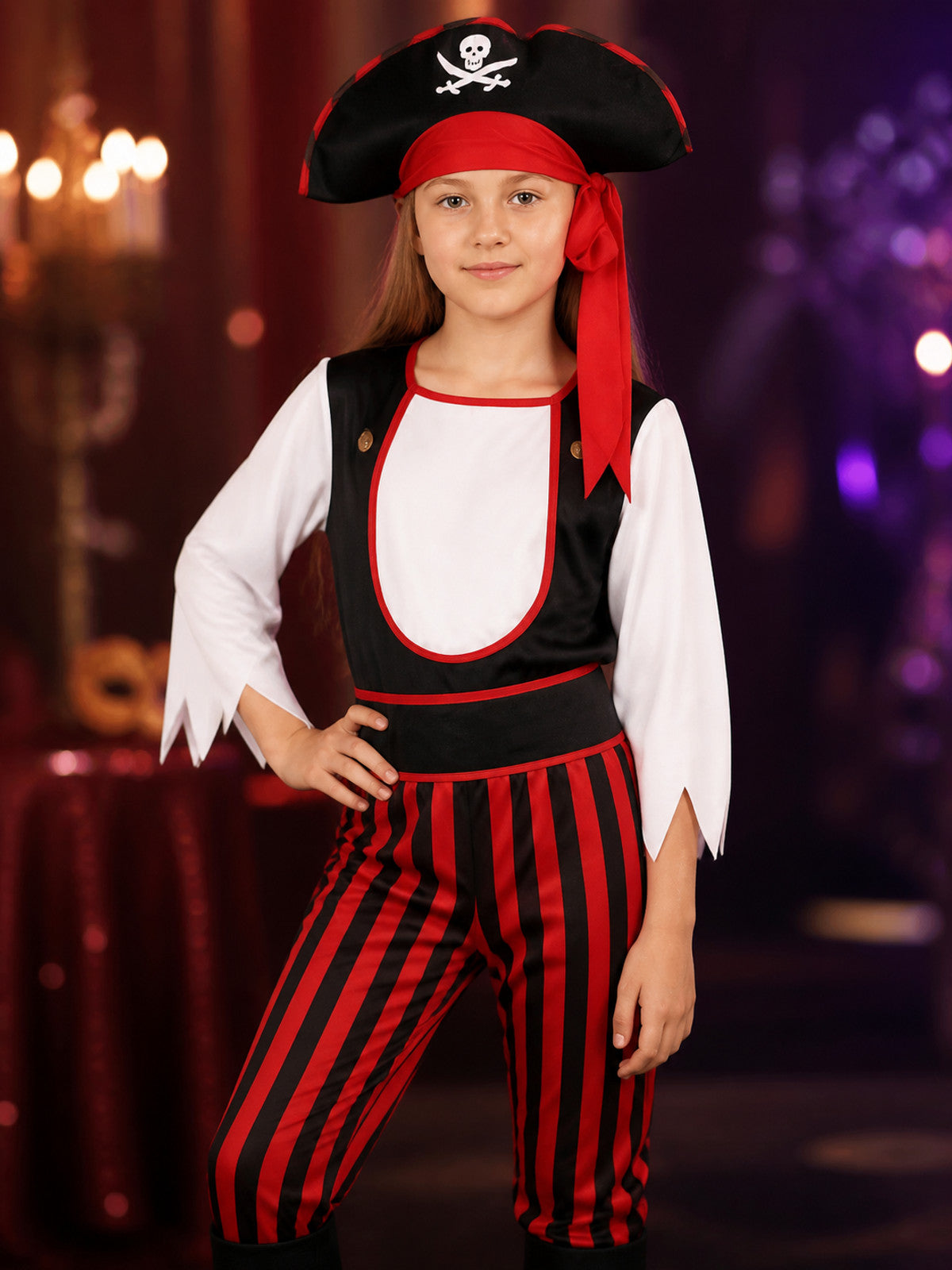Kids Pirate Halloween Costume Set, Black White Red Striped Outfit with Skull Hat on-model view