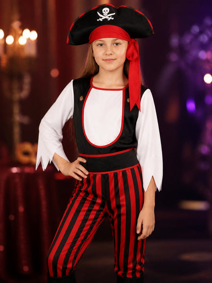 Kids Pirate Halloween Costume Set, Black White Red Striped Outfit with Skull Hat on-model view