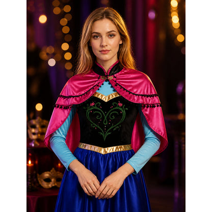Women's Princess Costume Set, Blue Embroidered Dress with Pink Cape and Gold