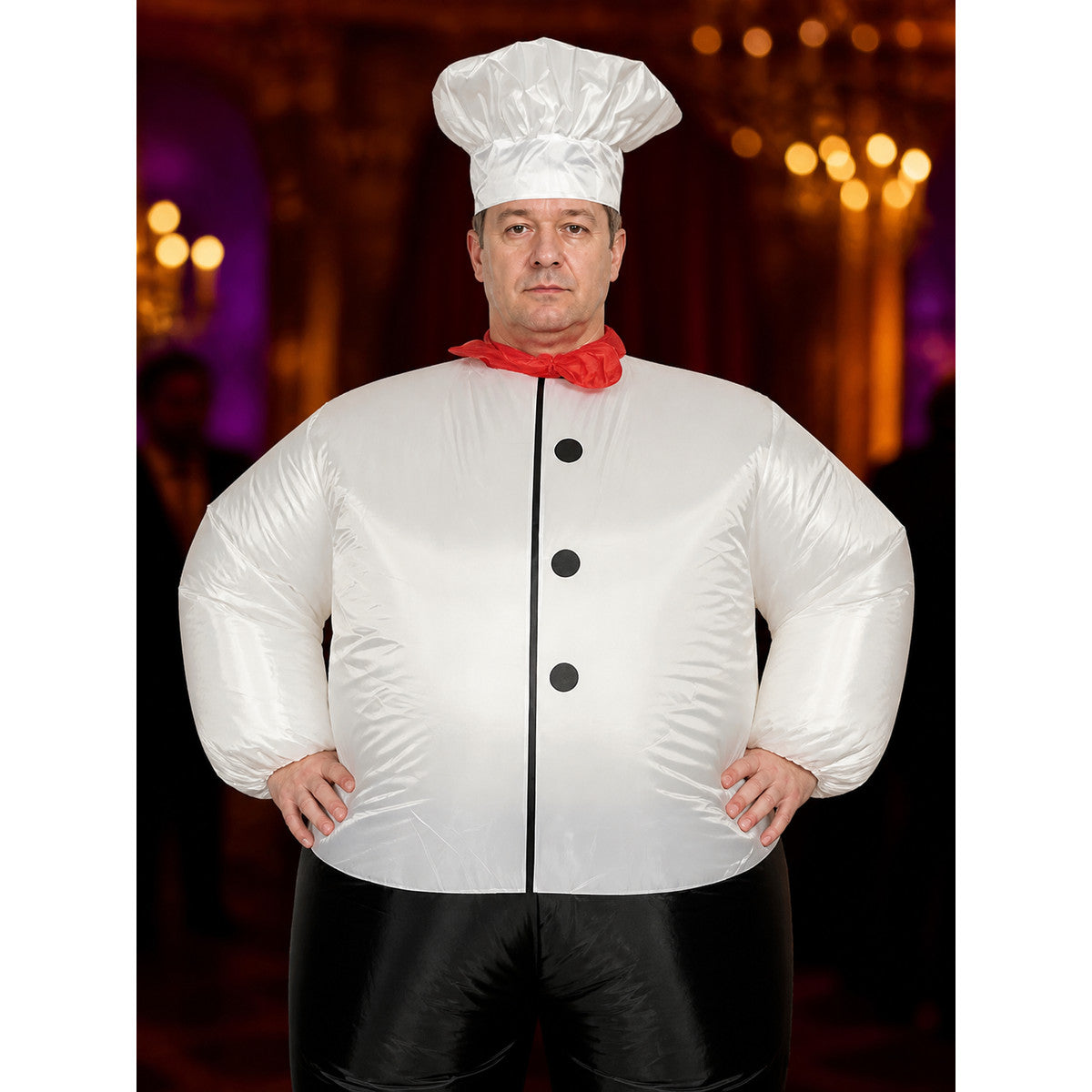 Adult Chef Costume Set with White Coat, Black Pants, Chef Hat and Red Scarf on-model view