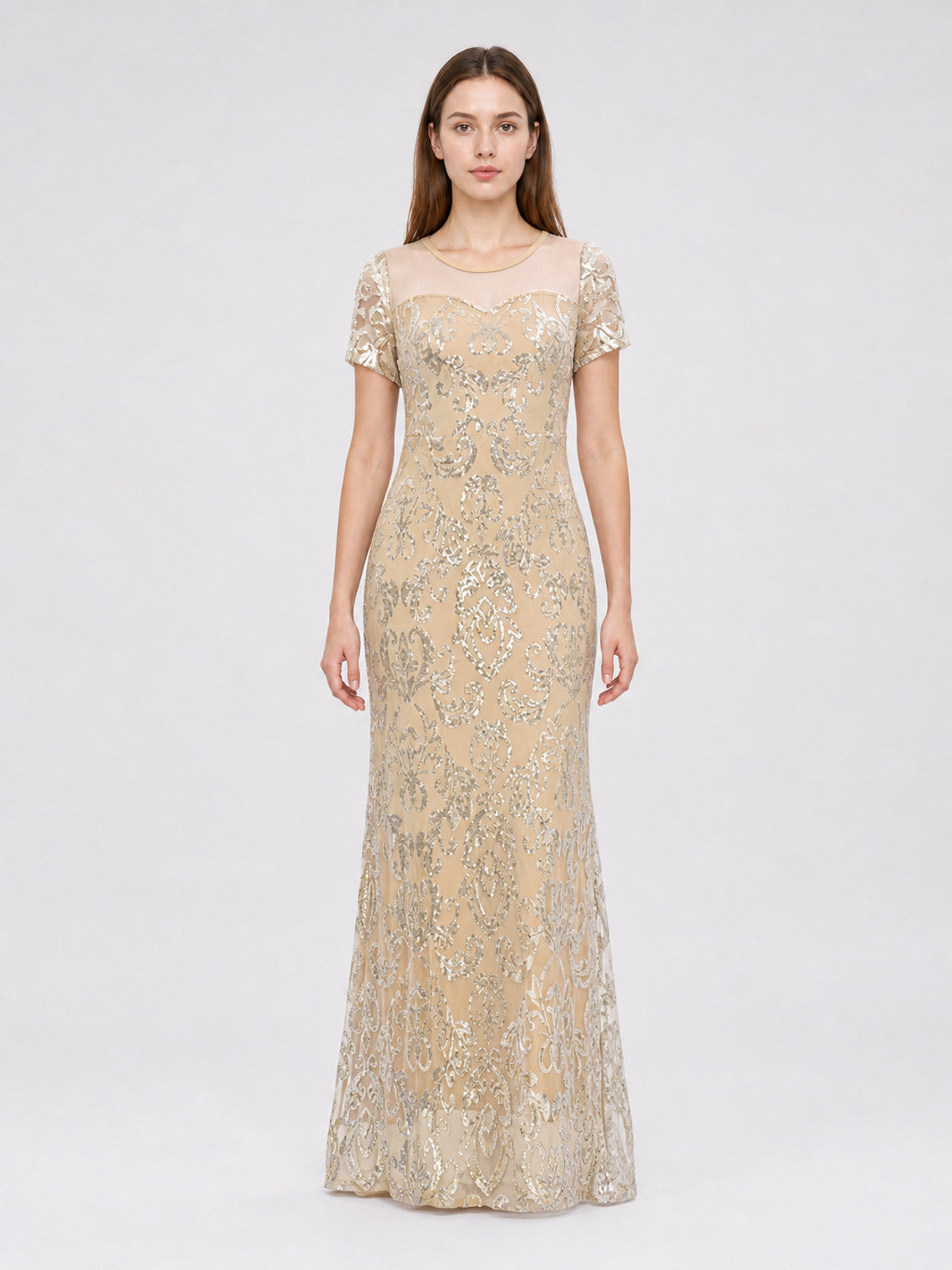 Long Evening Dress with Sequins and Pattern front view