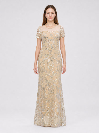 Long Evening Dress with Sequins and Pattern front view