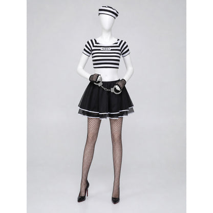Black-and-White Striped Stage Costume with Skirt