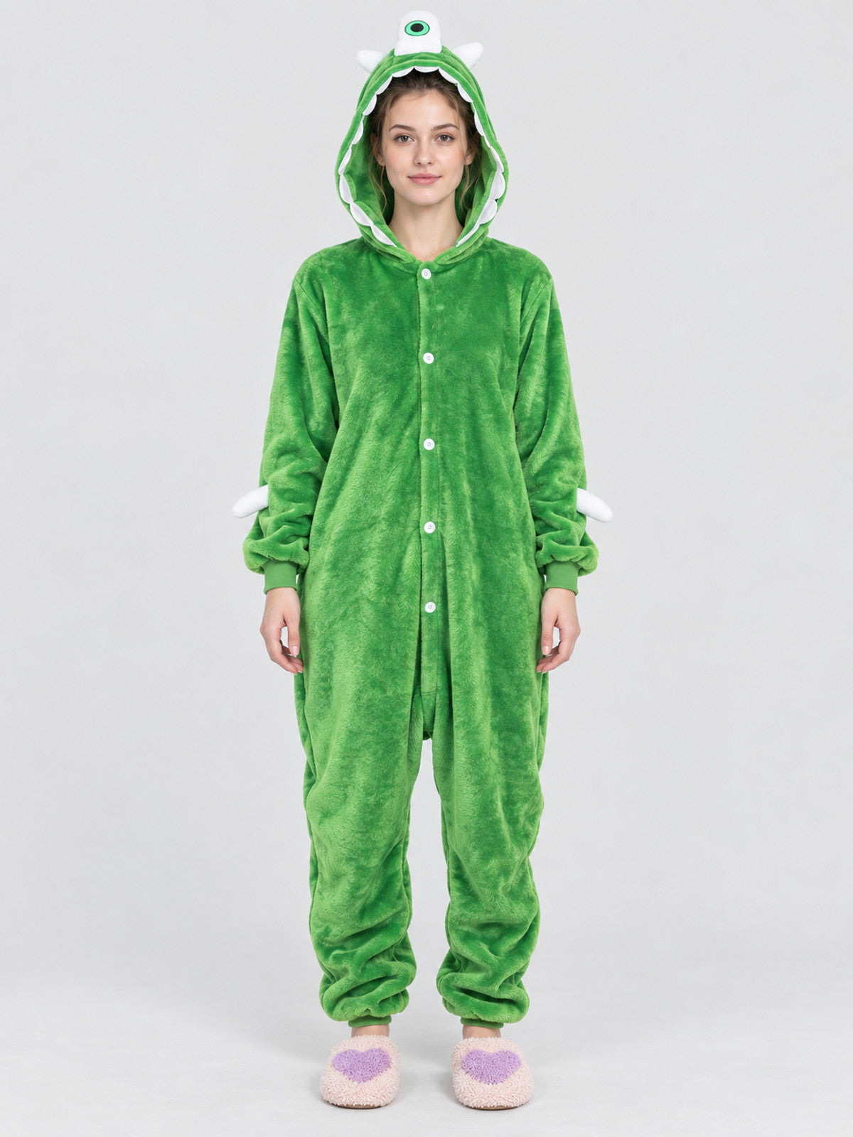Insulated Green Hooded Pajama Jumpsuit with Decor
