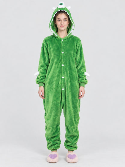 Insulated Green Hooded Pajama Jumpsuit with Decor