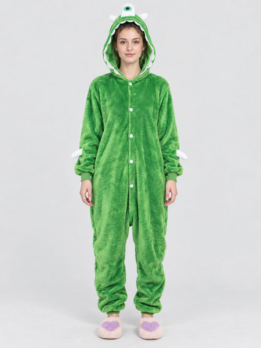 Insulated Green Hooded Pajama Jumpsuit with Decor
