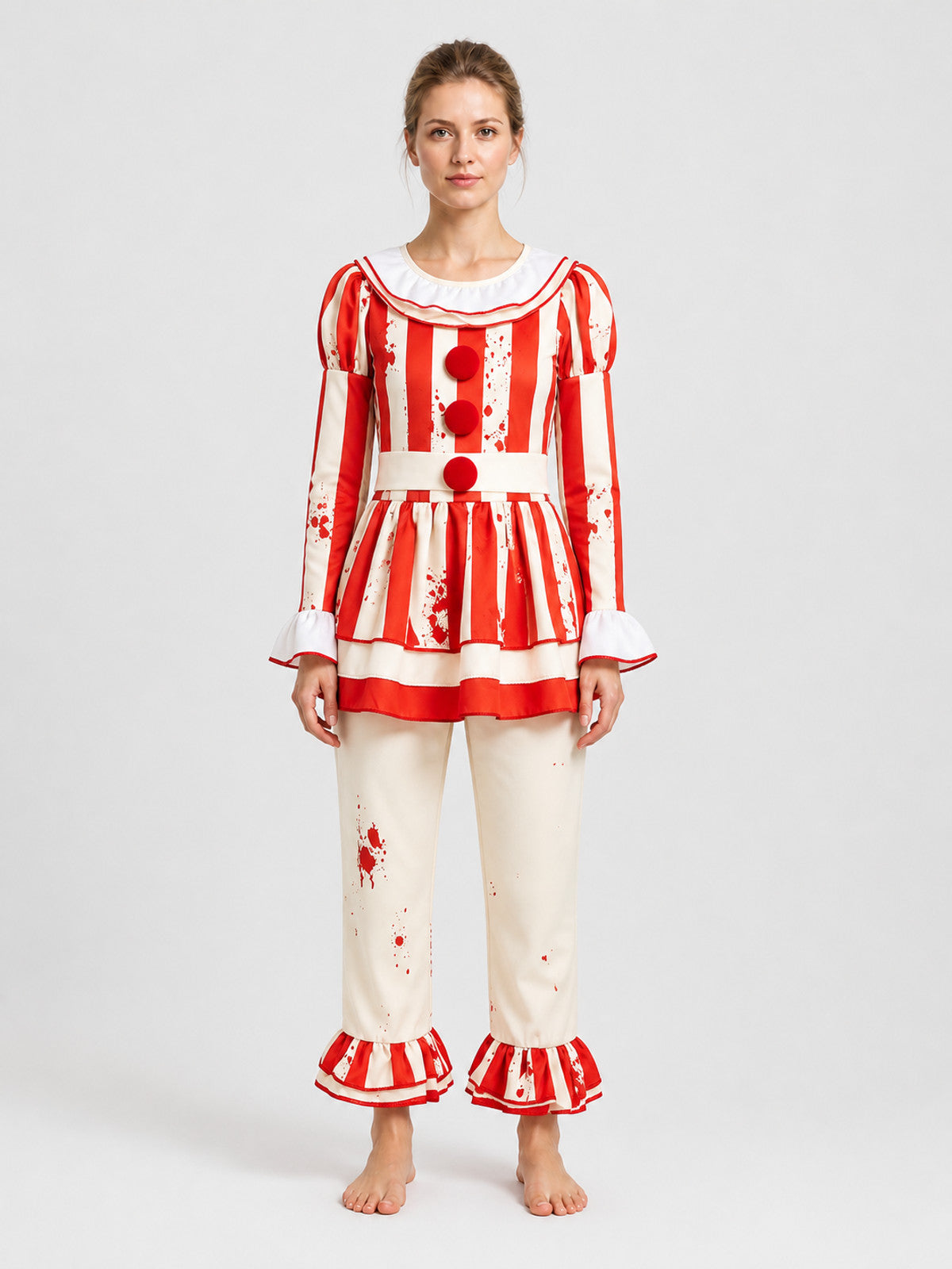 Children's Red-and-White Striped Clown Costume with Ruffles on-model view