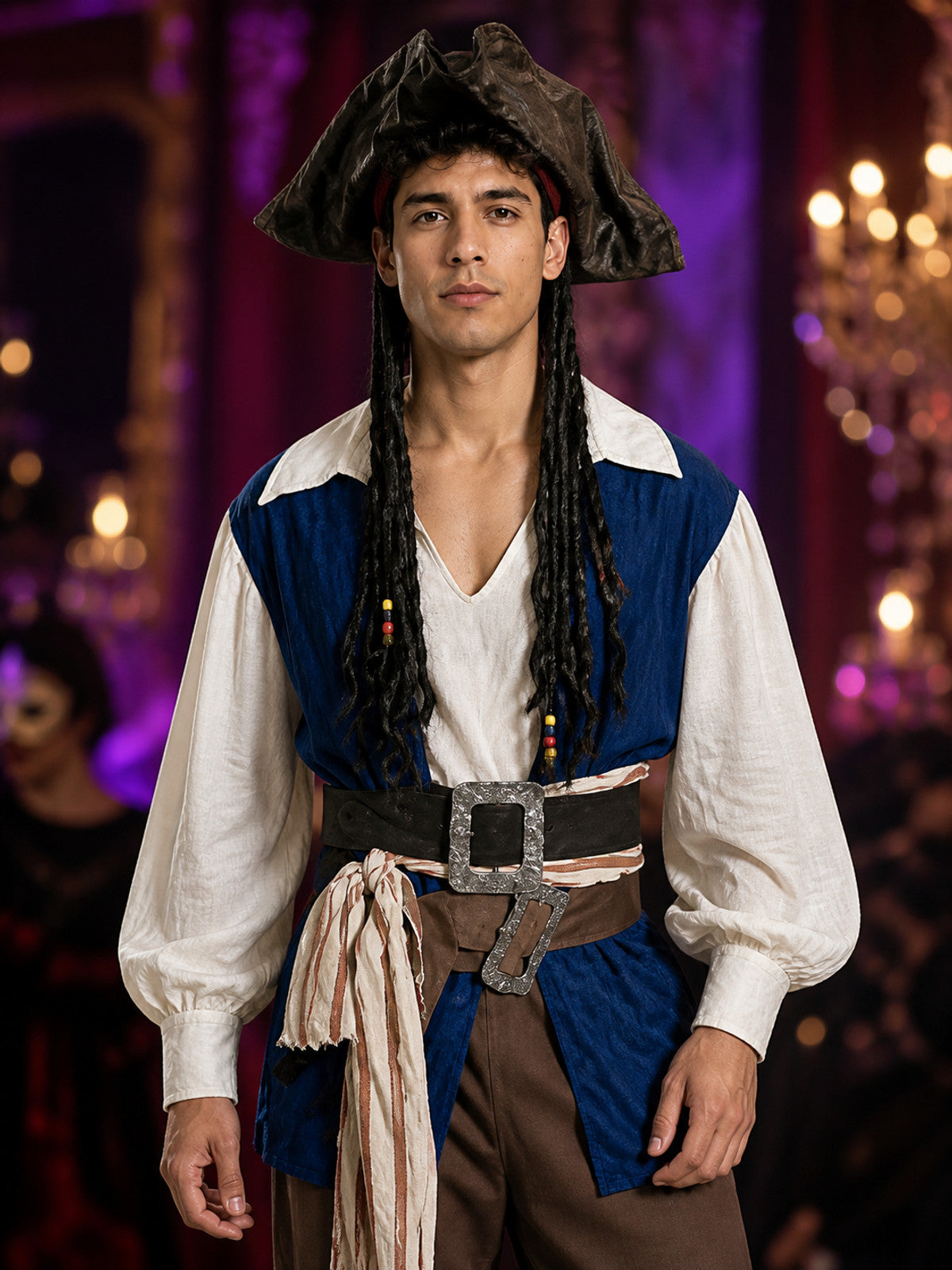 Adult Pirate Costume Set With Hat, Vest, Shirt, Pants, Belt And Boot Covers on-model view