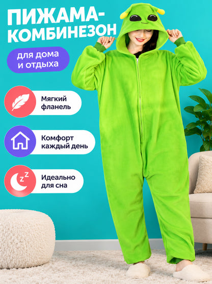 Bright Green Hooded Zip-Up Pajama Jumpsuit