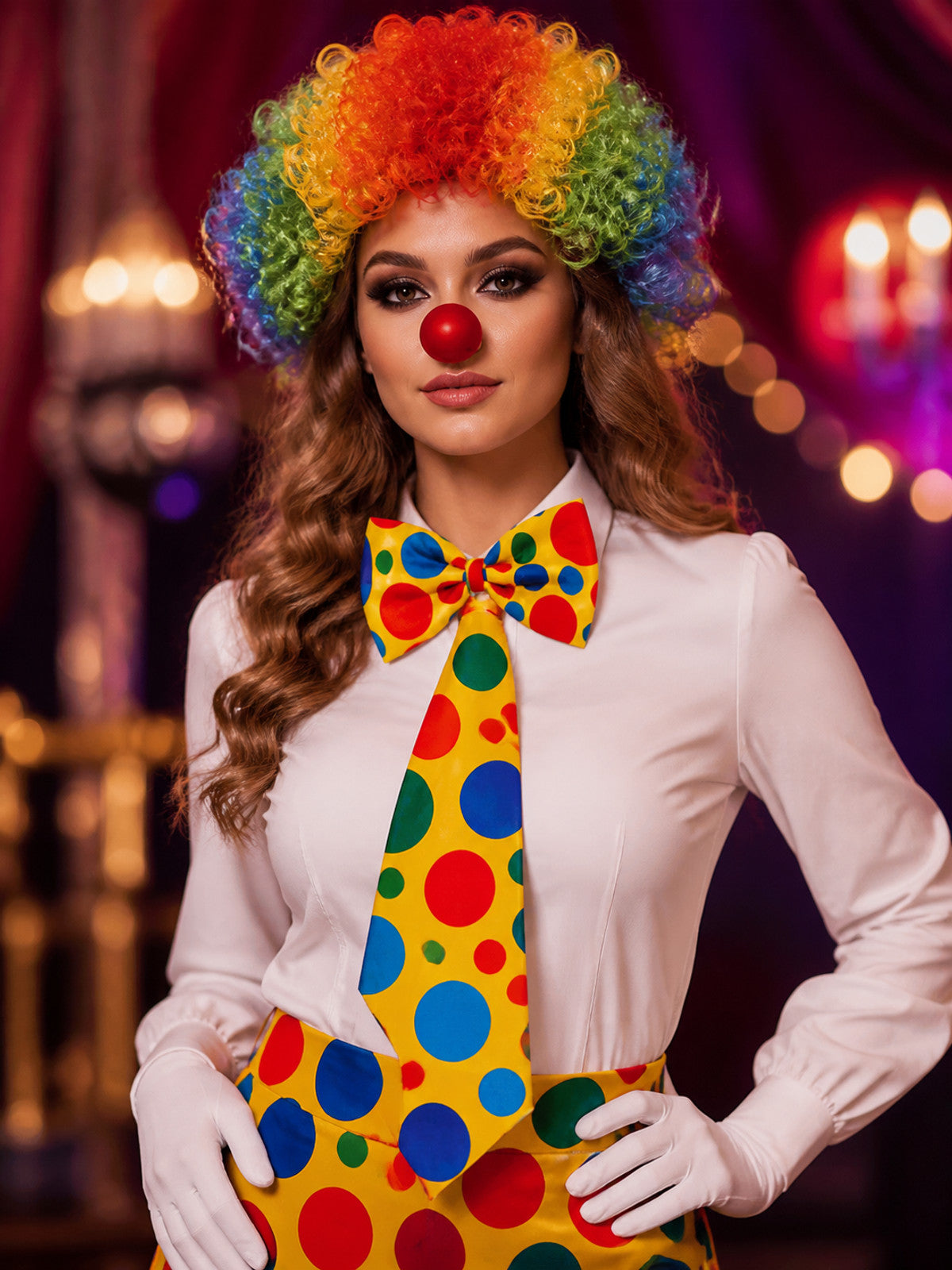 Colorful Unisex Clown Costume Accessory Set with Wig, Red Nose, Bow Tie & Gloves on-model view