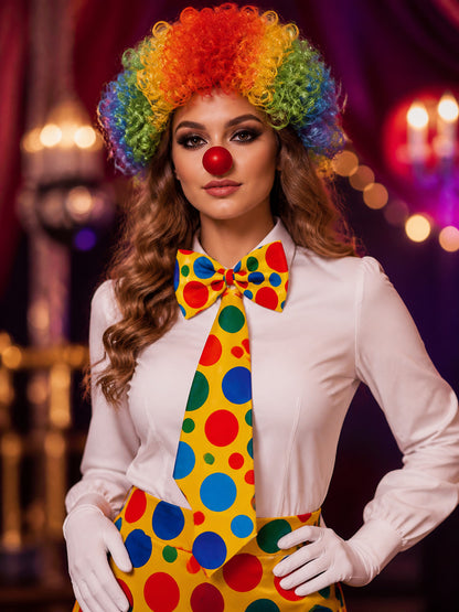 Colorful Unisex Clown Costume Accessory Set with Wig, Red Nose, Bow Tie & Gloves on-model view