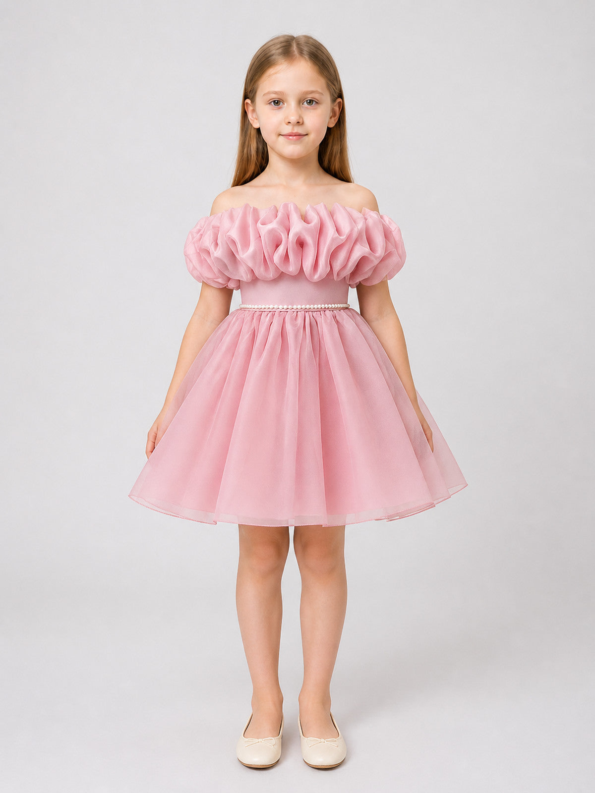 Girls' Tutu Dress with a Full Skirt and Pearl Waist Belt on-model view