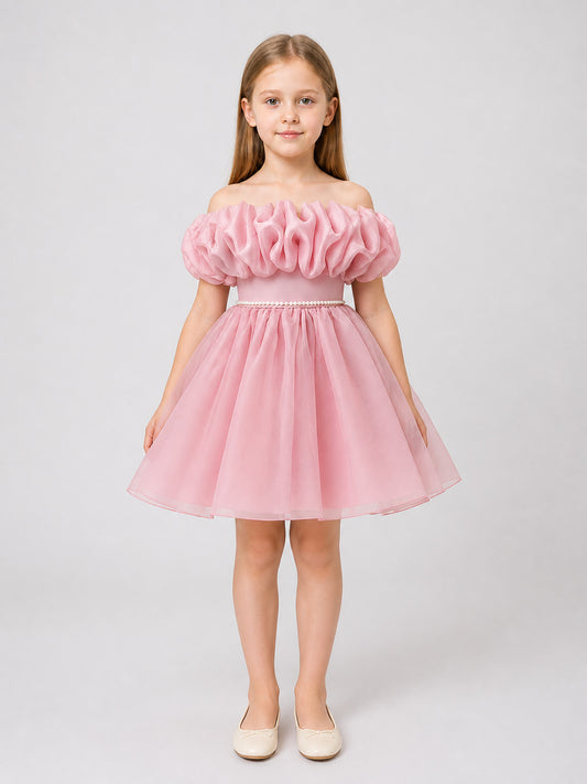 Girls' Tutu Dress with a Full Skirt and Pearl Waist Belt on-model view