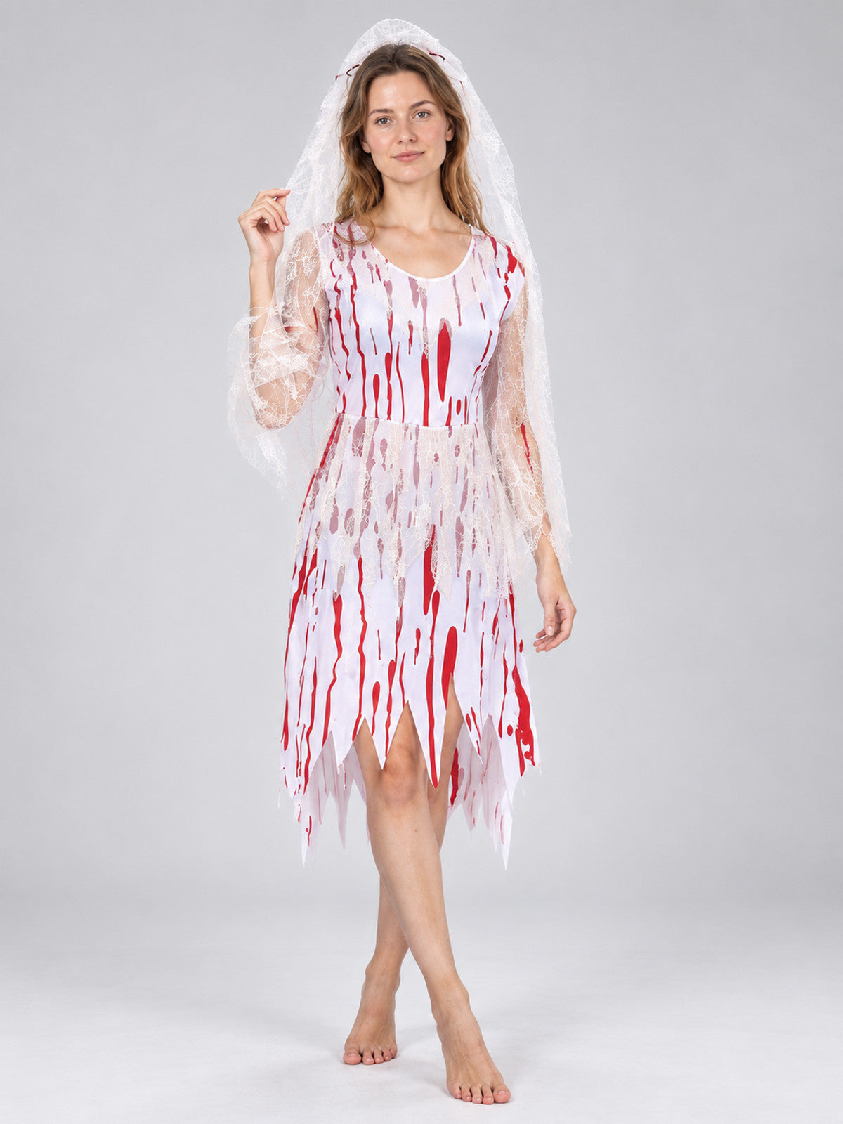 Carnival Costume with Dress, Veil, and Red Stains