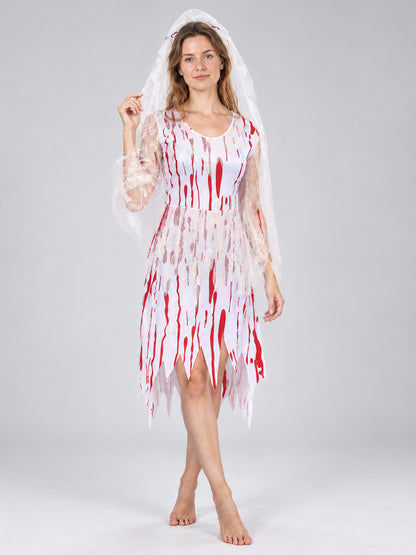 Carnival Costume with Dress, Veil, and Red Stains