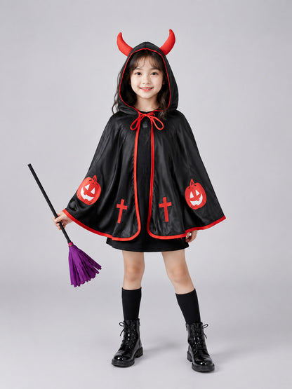 Carnival Cape with Hood and Witch Broom on-model view