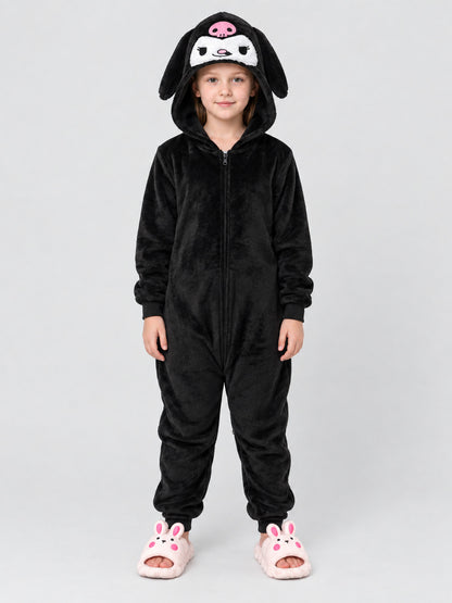 Flannel Hooded Pajama Jumpsuit with Appliqué