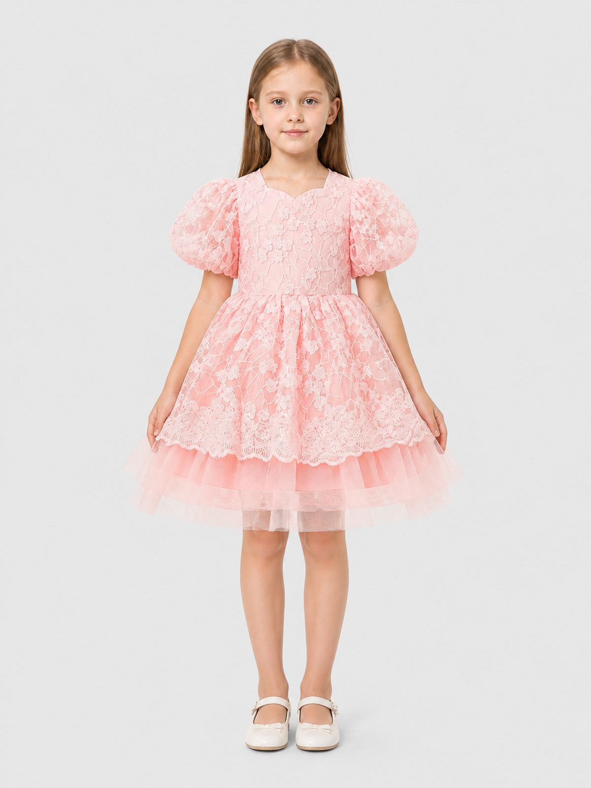 Pink Princess Dress with Lace and Full Skirt on-model view