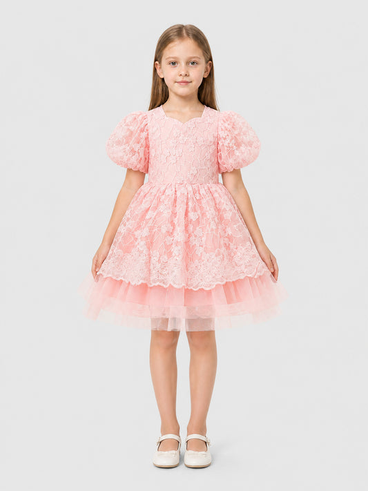 Pink Princess Dress with Lace and Full Skirt on-model view