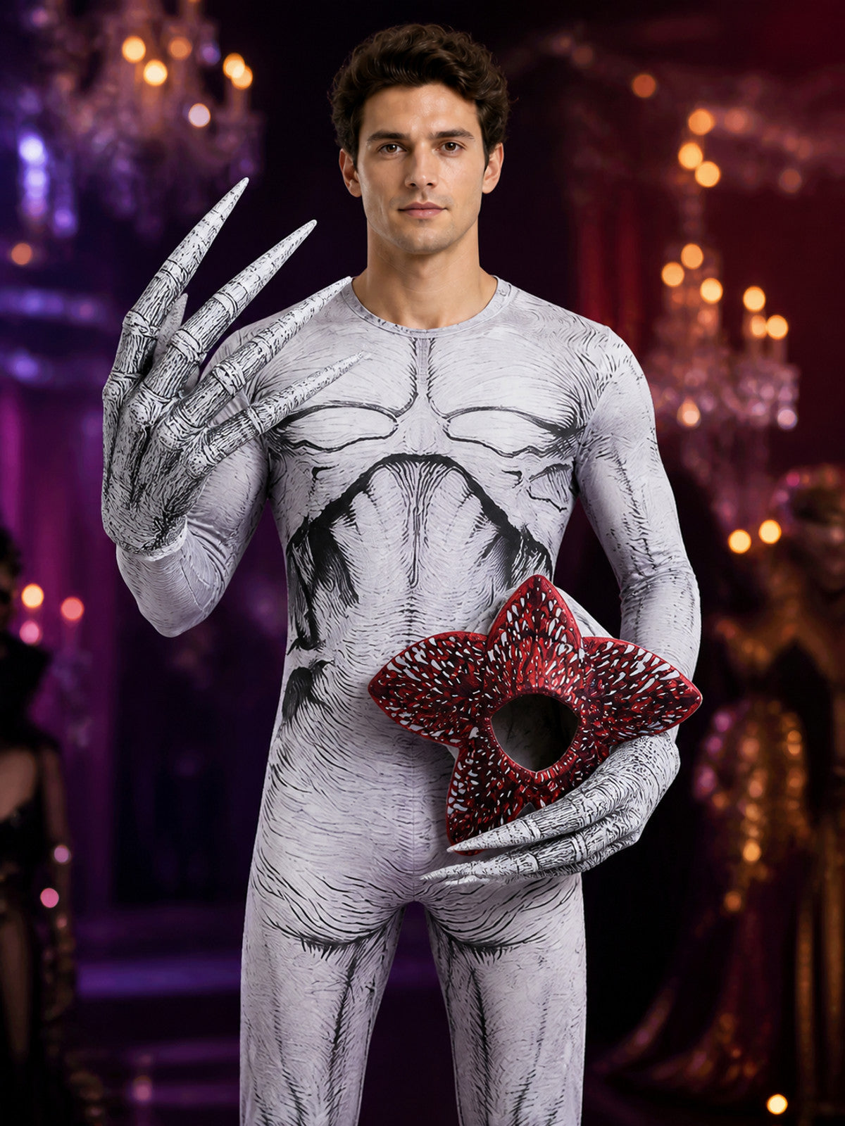 Monster Hooded Jumpsuit Halloween Costume Set with Mask, Claw Gloves and Foot on-model view