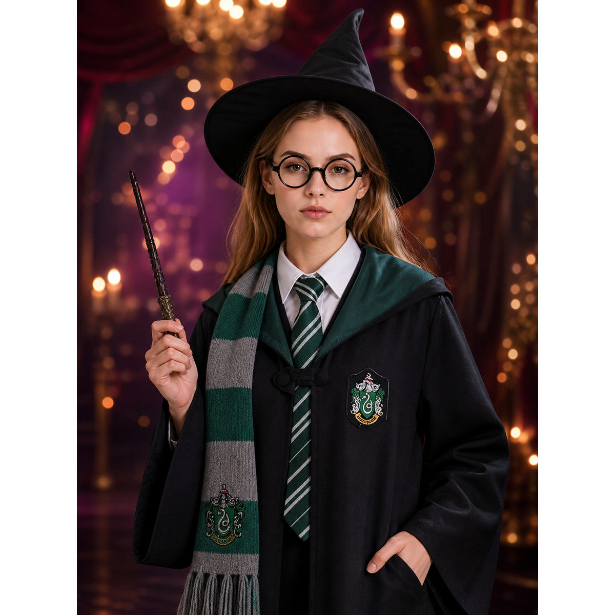 Slytherin Wizard Robe Costume Set with Tie, Scarf, Glasses, Wand, Hat & Shirt on-model view