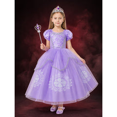 Princess Sofia Girls Purple Dress Costume, Bubble Sleeve, Includes Crown Wand Shoes