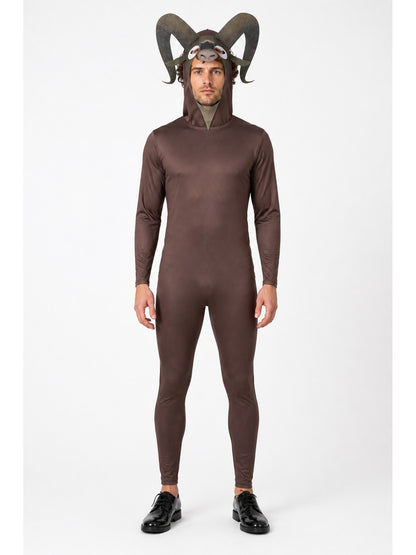Monster Goat Costume with Horns, Brown Jumpsuit main product view