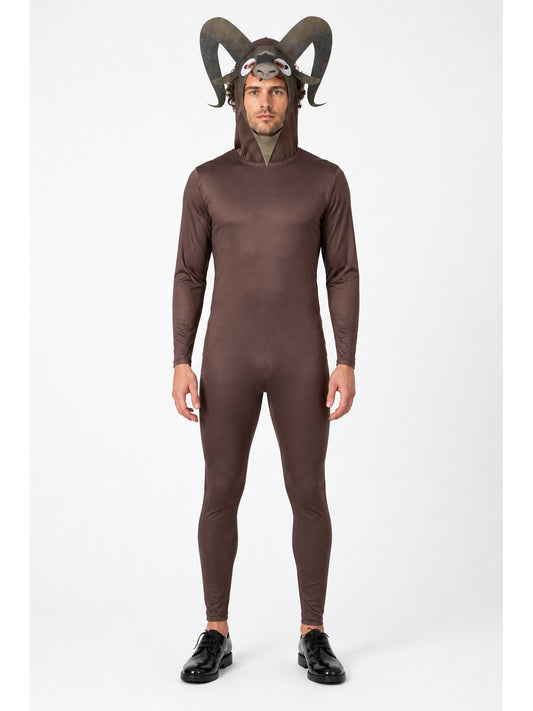 Monster Goat Costume with Horns, Brown Jumpsuit main product view