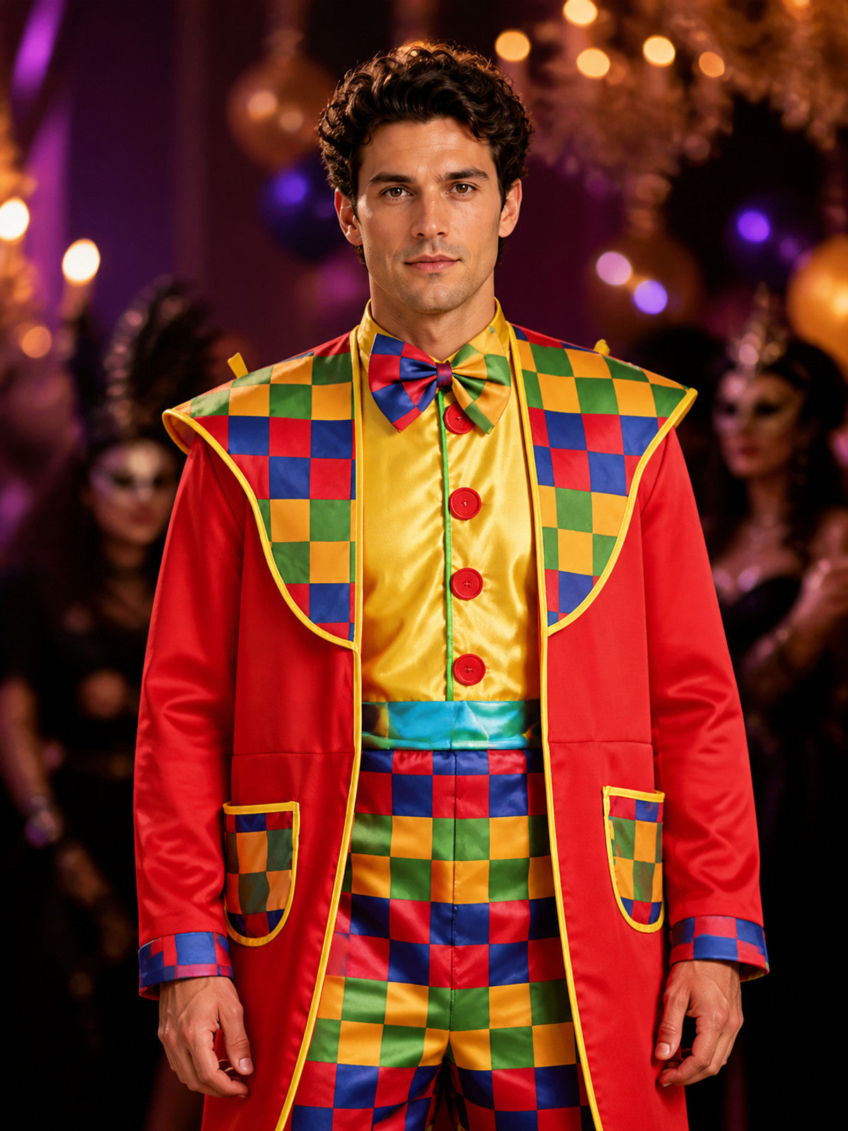 Unisex Jester Costume Set, Colorful Checkered Print with Bow Tie, Halloween