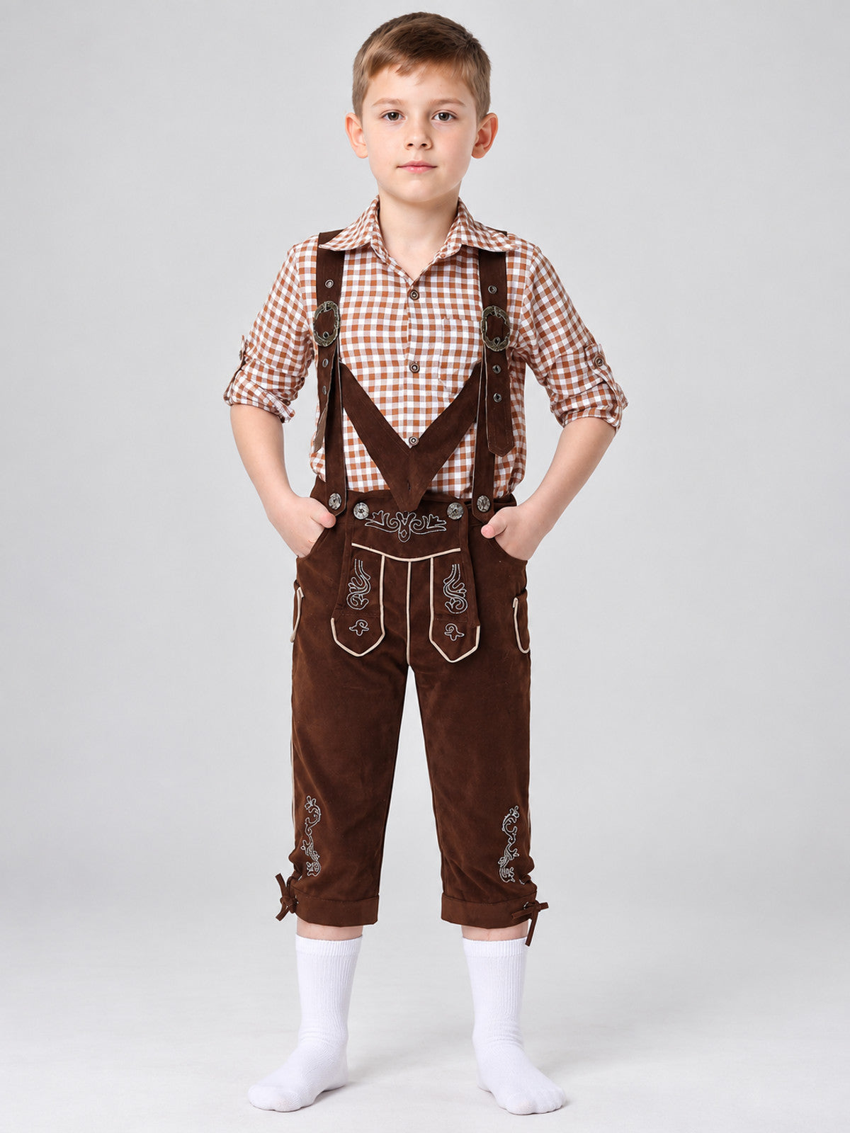 Brown Knee-Length Suspender Pants with Embroidery