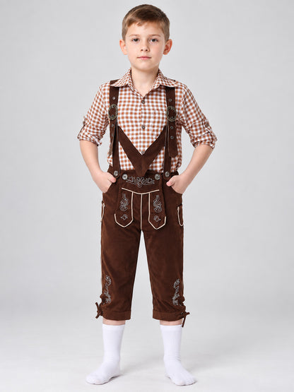 Brown Knee-Length Suspender Pants with Embroidery