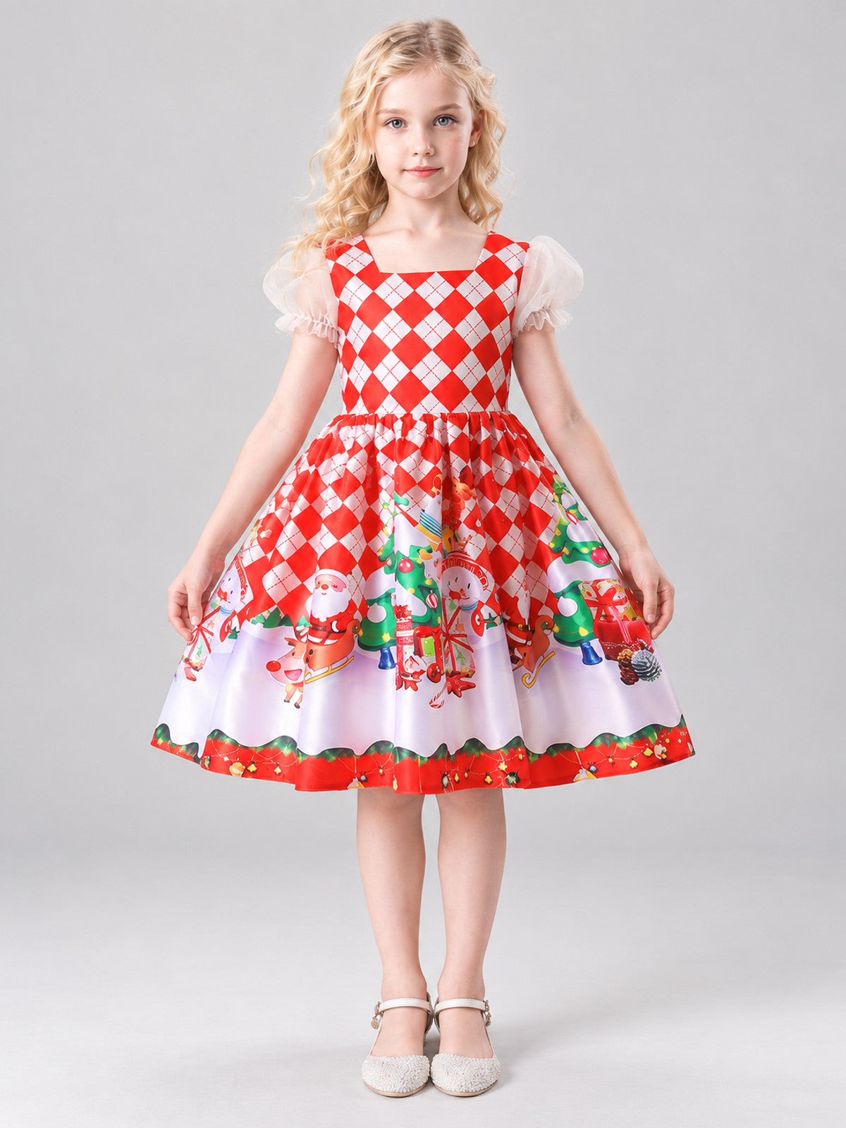 Kids' Holiday Dress Red with Christmas Print
