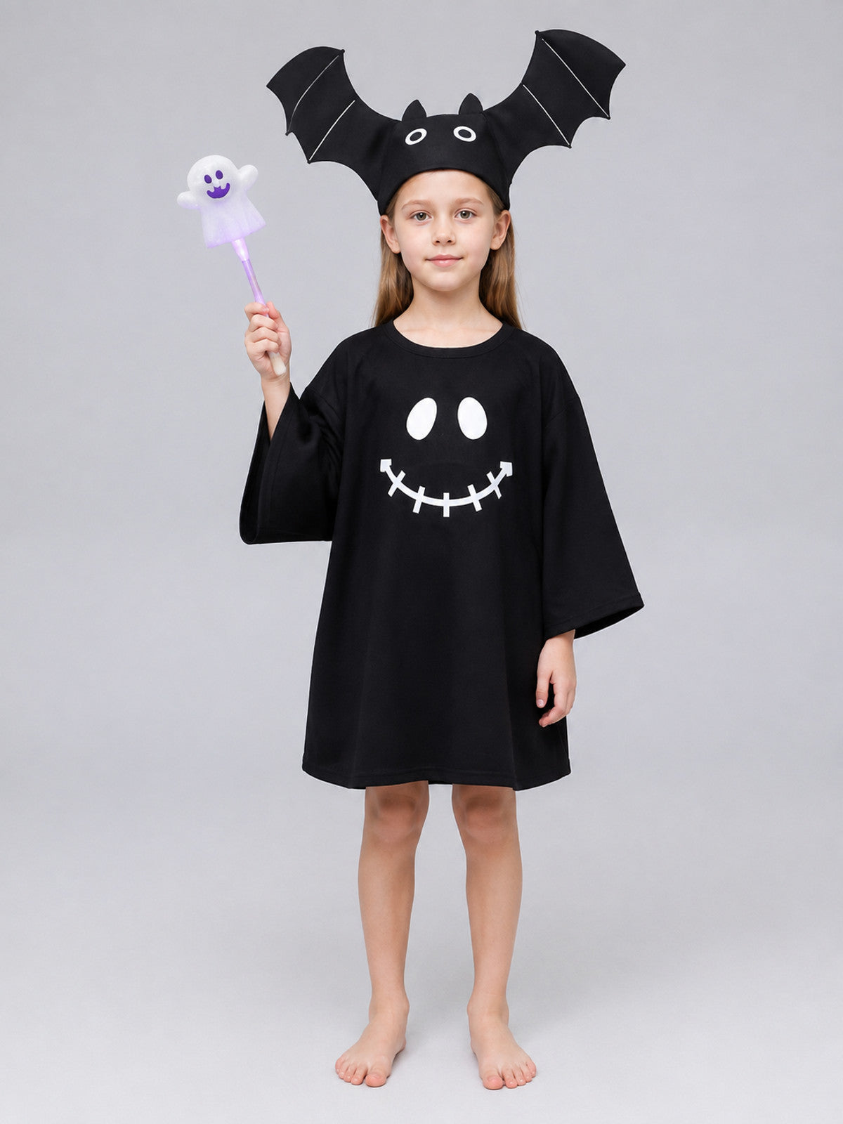 Children's Carnival Costume Dress with Ghost Face Print on-model view