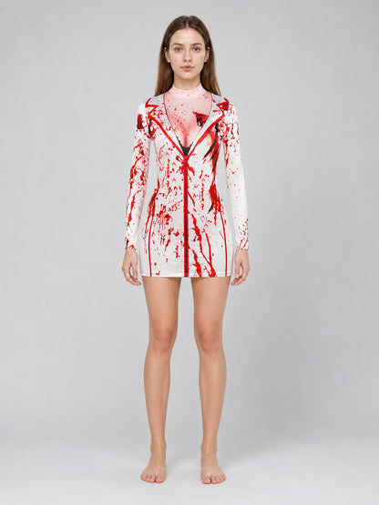 White long-sleeve costume top with red splatter print and dark trim, shown full-body on a model from the front