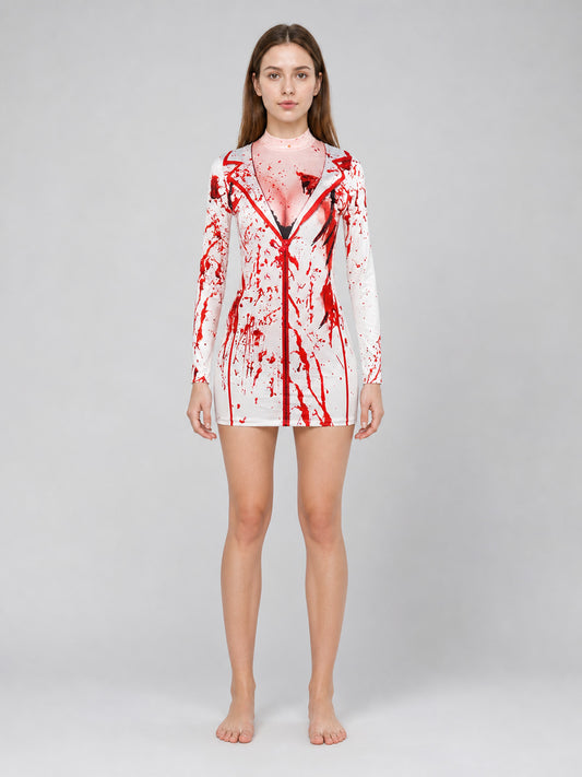 White long-sleeve costume top with red splatter print and dark trim, shown full-body on a model from the front