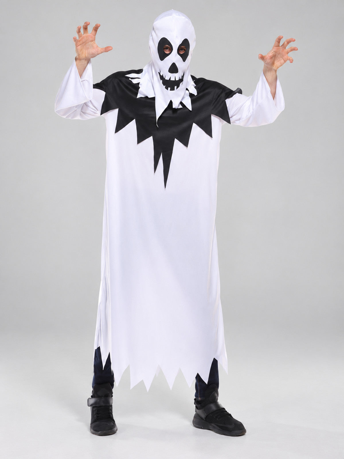White Carnival Costume with Skull and Black Trim on-model view