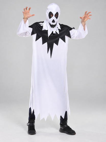 White Carnival Costume with Skull and Black Trim on-model view