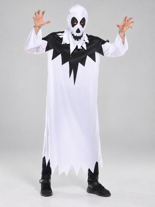 White Carnival Costume with Skull and Black Trim on-model view